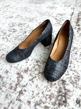 Audley Structured Textured Block Heel Black Pumps - Made in Spain